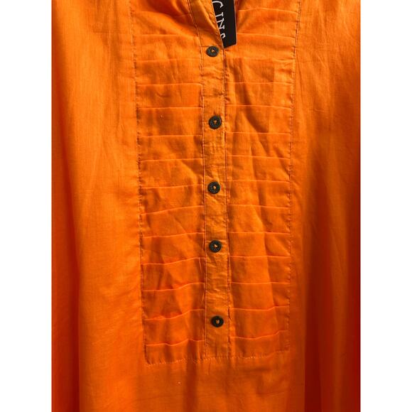 Orange Linen Blend Tunic Top Pleated Neckline Womens Medium Boho Comfy Lagenlook - Picture 8 of 9